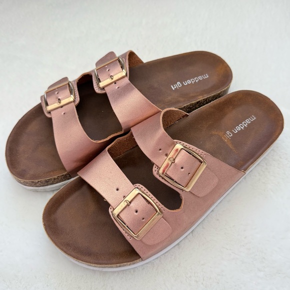 Madden Girl Shoes - Madden Girl Rose Gold Double Strap Sandals with Buckles Faux Leather Size 8